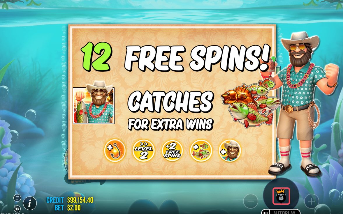 Free Spins-läge där fiskesymboler och WILD-fiskaren syns samtidigt.